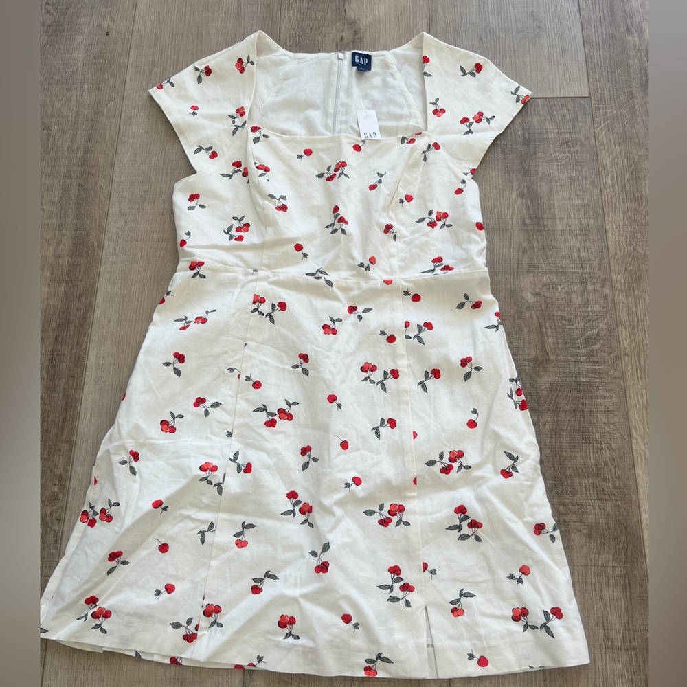 NWT GAP Linen Blwnd Cap Sleeve Mini Dress Back Zip Sz L CHERRIES off white $60 - Picture 2 of 12
